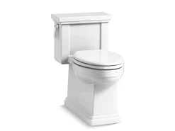 One-piece compact elongated toilet with skirted trapway, 1.28 gpf