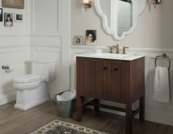 One-piece compact elongated toilet with skirted trapway, 1.28 gpf
