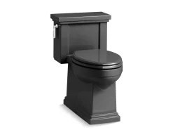 One-piece compact elongated toilet with skirted trapway, 1.28 gpf