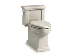One-piece compact elongated toilet with skirted trapway, 1.28 gpf