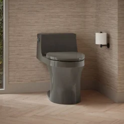 One-piece compact elongated toilet with concealed trapway, 1.28 gpf