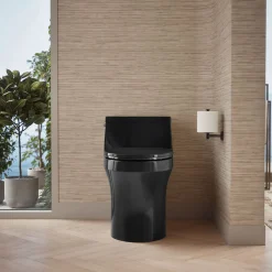 One-piece compact elongated toilet with concealed trapway, 1.28 gpf