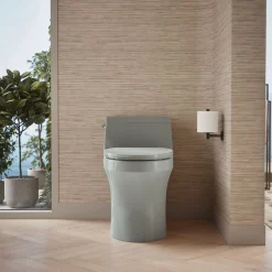 One-piece compact elongated toilet with concealed trapway, 1.28 gpf