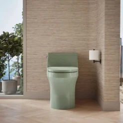 One-piece compact elongated toilet with concealed trapway, 1.28 gpf