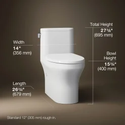 One-piece compact elongated toilet with skirted trapway, 1.28 gpf