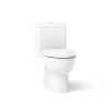 One-piece compact elongated toilet with skirted trapway, dual-flush