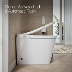 One-piece elongated smart toilet with front bidet wand technology, dual-flush