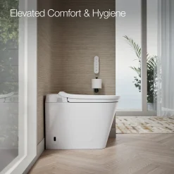 One-piece elongated smart toilet with front bidet wand technology, dual-flush