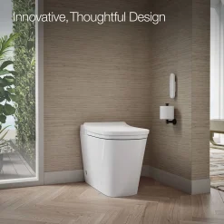 One-piece elongated smart toilet with front bidet wand technology, dual-flush