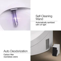 One-piece elongated smart toilet with front bidet wand technology, dual-flush