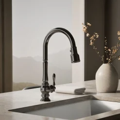 Pull-down kitchen sink faucet with three-function sprayhead