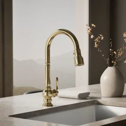 Pull-down kitchen sink faucet with three-function sprayhead