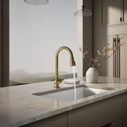 Pull-down kitchen sink faucet with three-function sprayhead