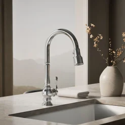 Pull-down kitchen sink faucet with three-function sprayhead