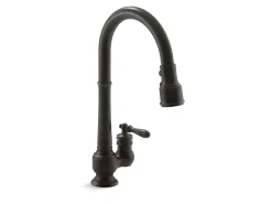 Pull-down kitchen sink faucet with three-function sprayhead