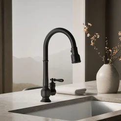 Pull-down kitchen sink faucet with three-function sprayhead