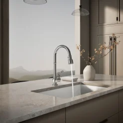 Pull-down kitchen sink faucet with three-function sprayhead