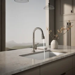 Pull-down kitchen sink faucet with three-function sprayhead