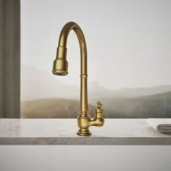 Pull-down kitchen sink faucet with three-function sprayhead
