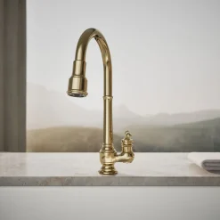 Pull-down kitchen sink faucet with three-function sprayhead
