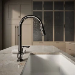 Pull-down kitchen sink faucet with three-function sprayhead