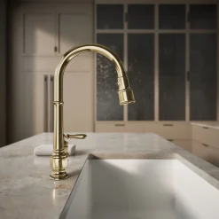 Pull-down kitchen sink faucet with three-function sprayhead