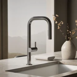 Pull-down kitchen sink faucet with two-function sprayhead