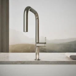 Pull-down kitchen sink faucet with two-function sprayhead
