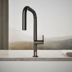 Pull-down kitchen sink faucet with two-function sprayhead