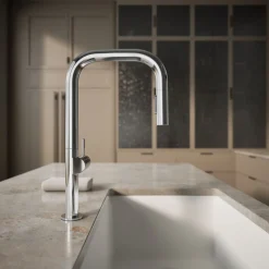 Pull-down kitchen sink faucet with two-function sprayhead