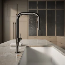Pull-down kitchen sink faucet with two-function sprayhead