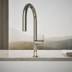 Pull-down kitchen sink faucet with two-function sprayhead
