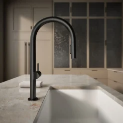 Pull-down kitchen sink faucet with two-function sprayhead