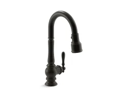 Pull-down kitchen sink faucet with three-function sprayhead