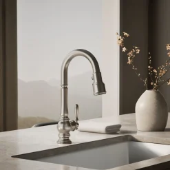Pull-down kitchen sink faucet with three-function sprayhead