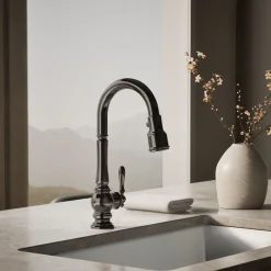 Pull-down kitchen sink faucet with three-function sprayhead