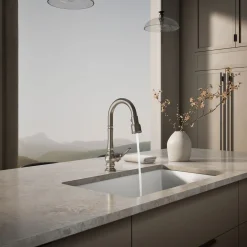 Pull-down kitchen sink faucet with three-function sprayhead