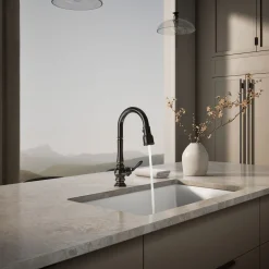 Pull-down kitchen sink faucet with three-function sprayhead