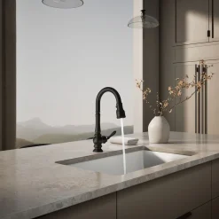 Pull-down kitchen sink faucet with three-function sprayhead