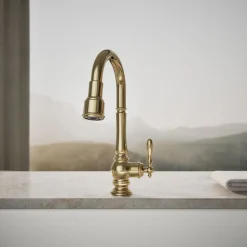 Pull-down kitchen sink faucet with three-function sprayhead