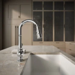 Pull-down kitchen sink faucet with three-function sprayhead