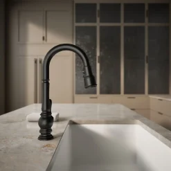 Pull-down kitchen sink faucet with three-function sprayhead
