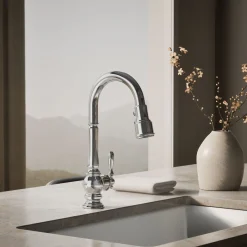 Pull-down kitchen sink faucet with three-function sprayhead
