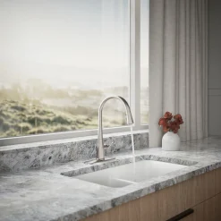 Pull-down kitchen sink faucet with three-function sprayhead