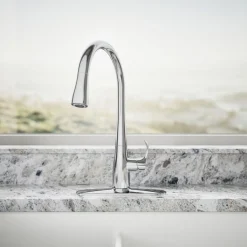 Pull-down kitchen sink faucet with three-function sprayhead