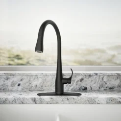Pull-down kitchen sink faucet with three-function sprayhead