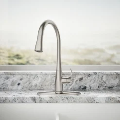 Pull-down kitchen sink faucet with three-function sprayhead