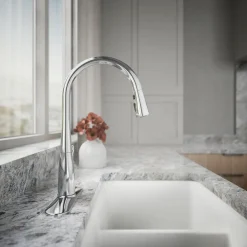 Pull-down kitchen sink faucet with three-function sprayhead