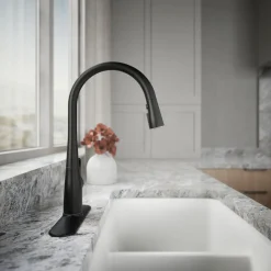 Pull-down kitchen sink faucet with three-function sprayhead