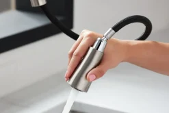 Pull-down kitchen sink faucet with three-function sprayhead